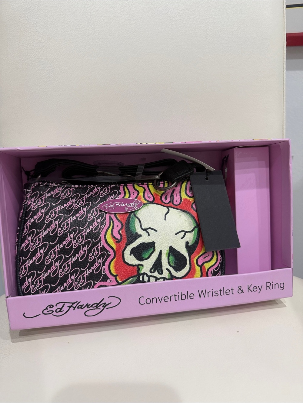 Ed Hardy Pink & Multicolor Skull Convertible Wristlet with Key Ring